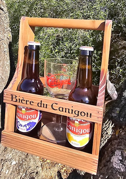 Coffret bois avec décapsuleur 2 Bières du Canigou + 1 verre sérigraphié