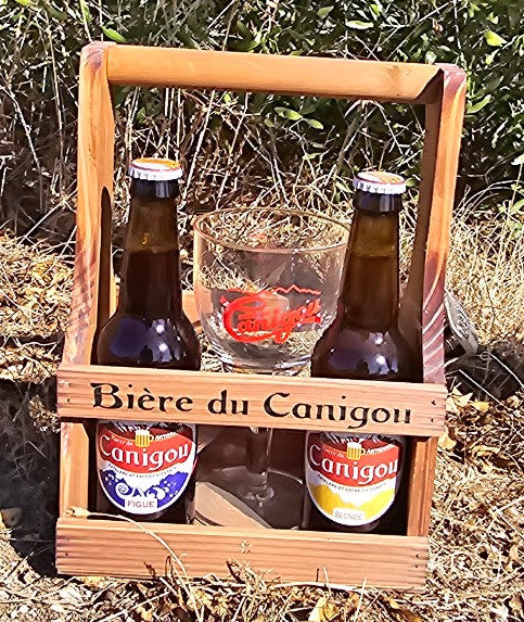 Coffret bois avec décapsuleur 2 Bières du Canigou + 1 verre sérigraphié