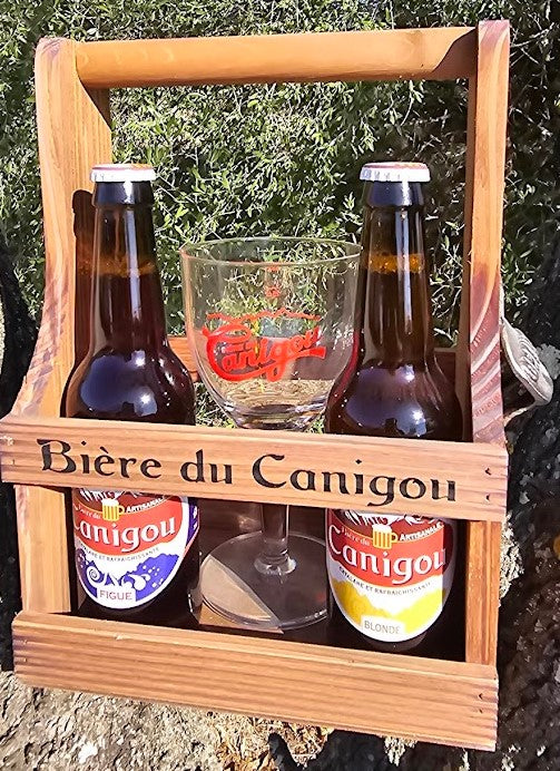 Coffret bois avec décapsuleur 2 Bières du Canigou + 1 verre sérigraphié